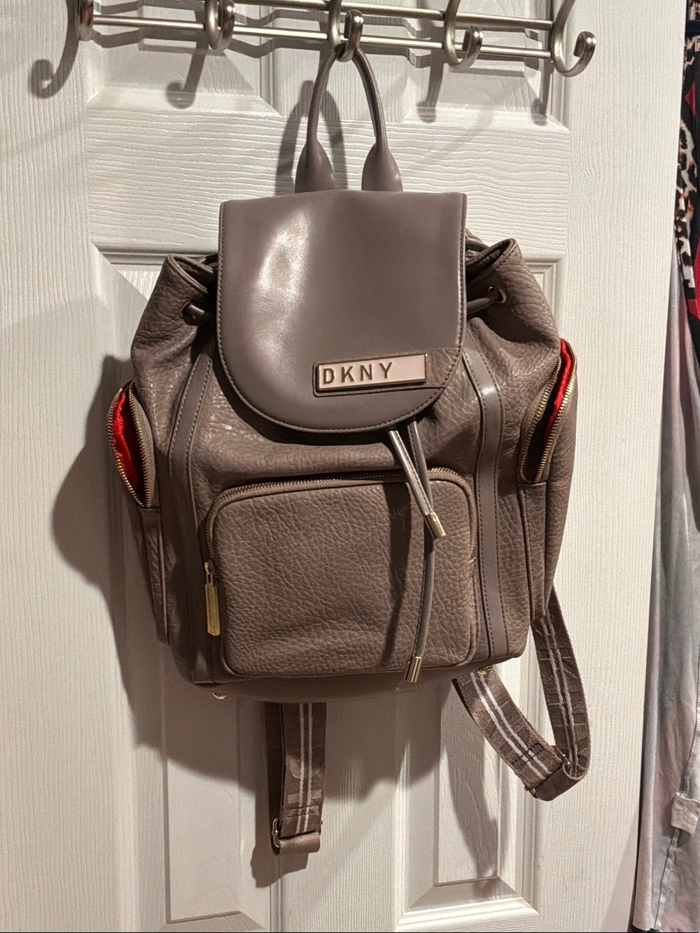 DKNY Taupe/Brown Leather Drawstring Backpack with Gold Hardware